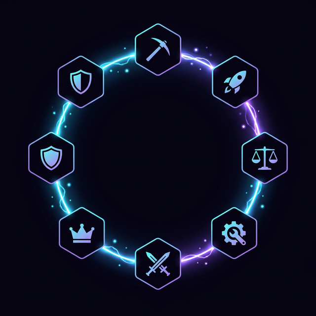 Gameplay loop: Mine, Travel, Trade, Upgrade, Fight, Conquer, Defend — all connected